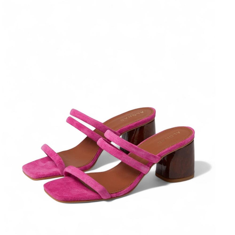 ALOHAS Indiana Pink Suede Triple-Strap Block Heel Mules Size EU 37